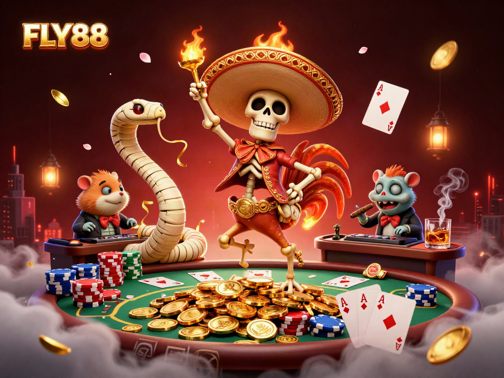 Experience the excitement of FLY88 with vibrant casino elements in a lively 3D illustration.