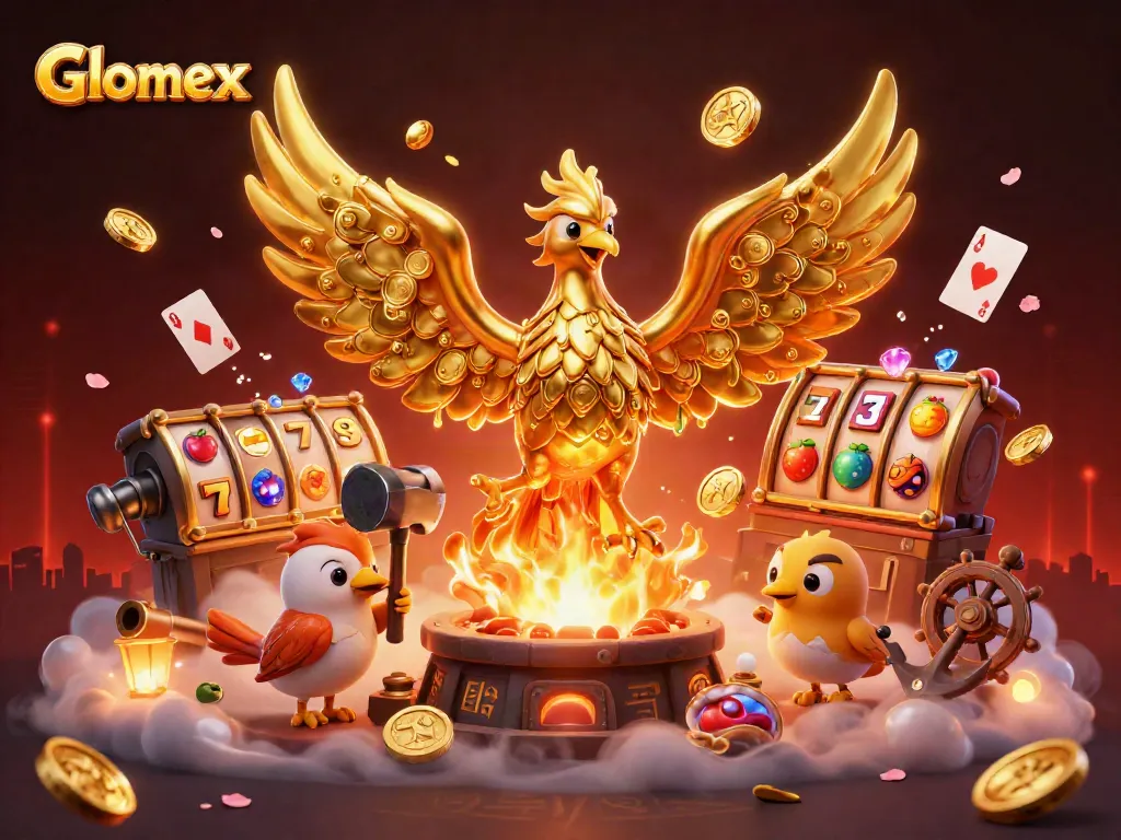 Spin the reels with Glomex, featuring a molten phoenix amidst dynamic casino elements and rich visuals.