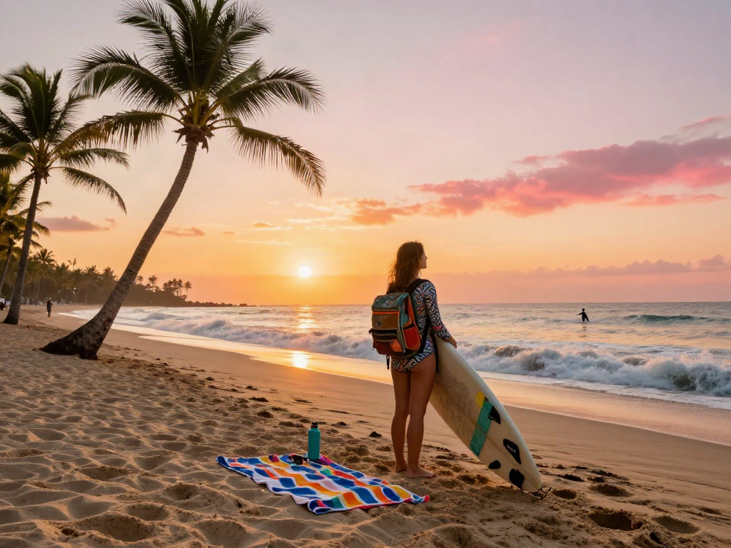Travel enthusiast enjoying a beach adventure with slot qris surfboard and golden sunset.