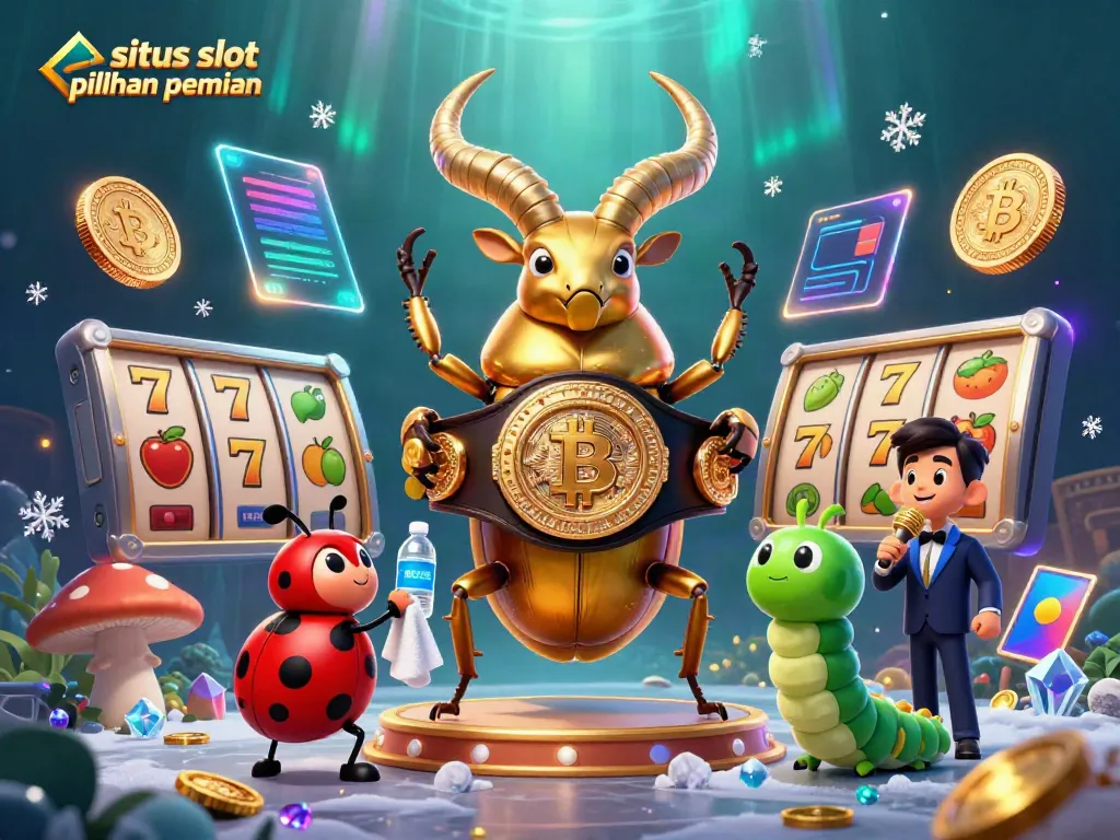 Permainan situs slot pilihan pemain dengan karakter serangga dalam pertarungan, ditampilkan dengan elemen kasino.