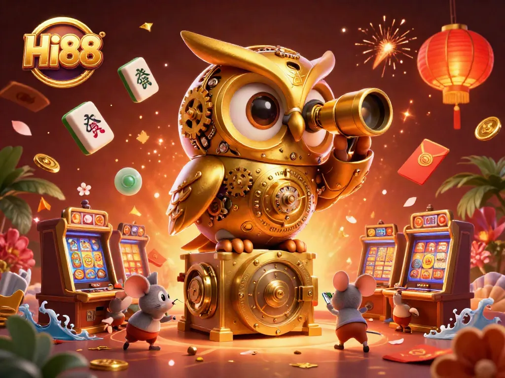 Experience Hi88's vibrant casino atmosphere with golden owl, lively slot machines, and colorful game elements.