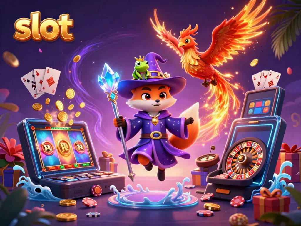 Menggairahkan permainan slot dengan karakter kartun 3D penyihir berbulu dan phoenix di tengahnya, menjadikan pengalaman bermain lebih hidup.