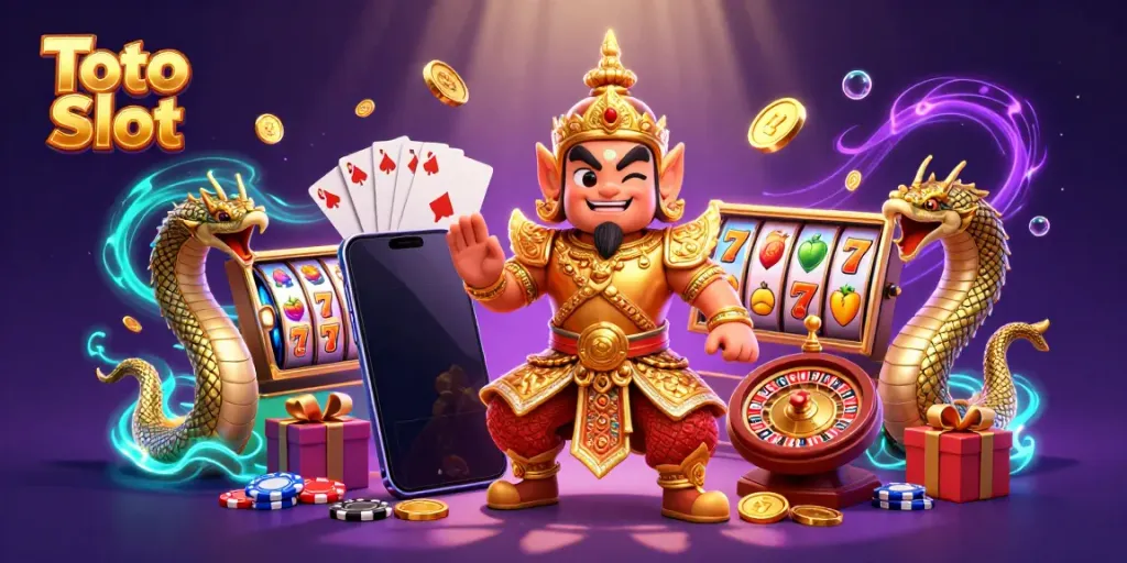 Permainan Toto Slot yang menarik dengan simbol keberuntungan di layar ponsel 3D.