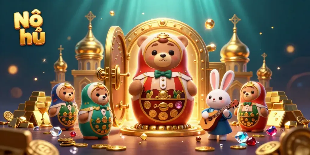 Engage in Nổ hũ excitement with vibrant casino characters amid stunning golden treasures.