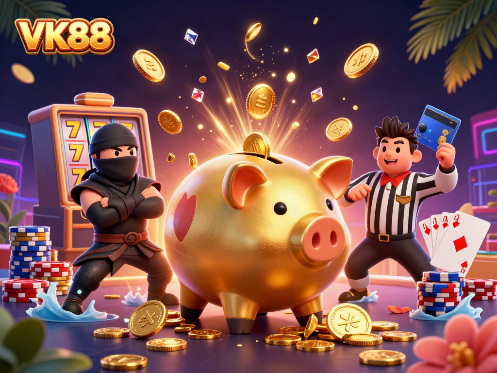 VK88 portrays a dynamic casino scene with a golden piggy bank wrestler amid cascading coins and slot reels.