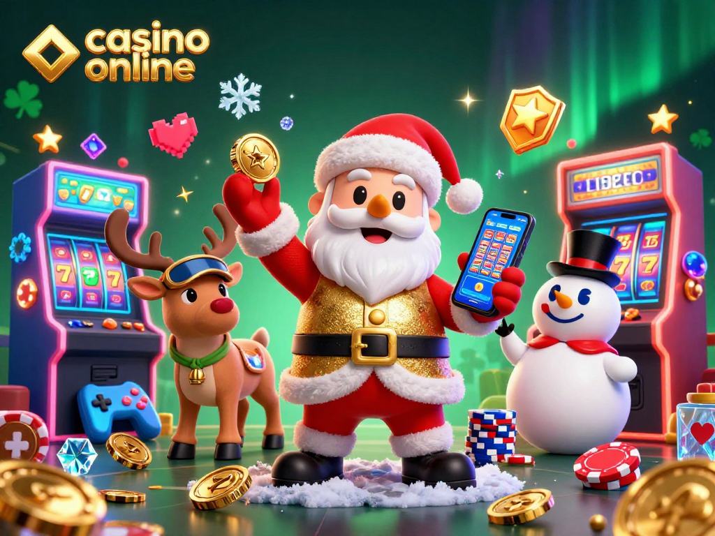 Casino online scene featuring Santa with a smartphone jackpot, reindeer dealer, and poker chip snowman.