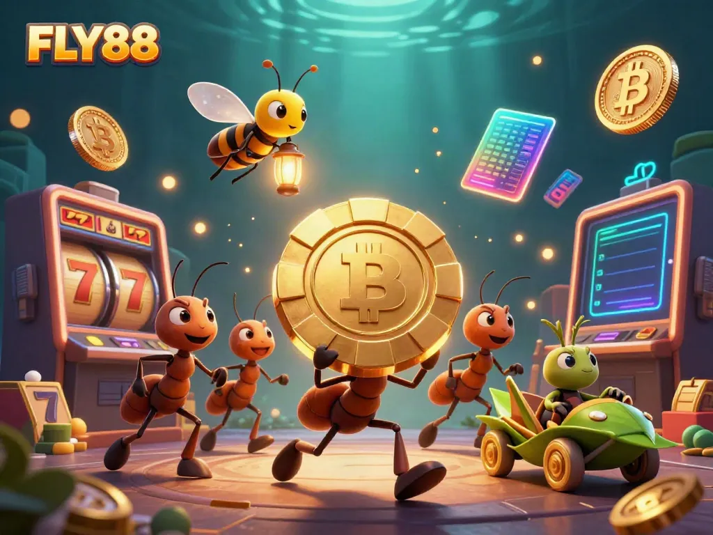 FLY88 ants heisting golden poker chip in a vibrant casino scene filled with gaming elements