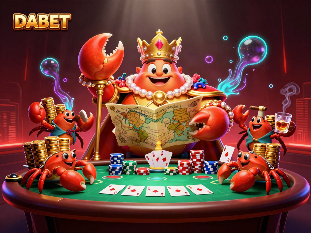 DABET engages players with a colorful 3D illustration of a golden crab emperor in a dynamic casino scene.