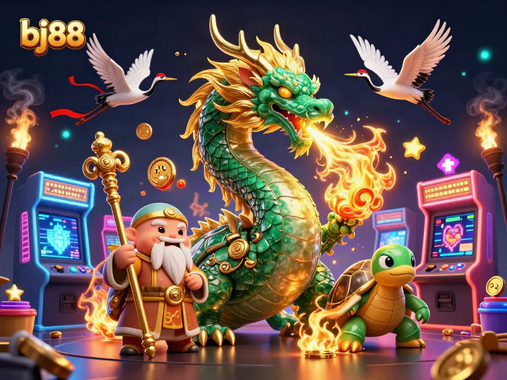 Experience exhilarating wins at bj88 with a jade dragon, turtle sage, and lucky cranes in a vibrant casino scene.