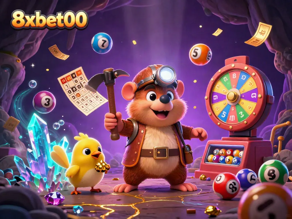 Experience the excitement of 8xbet00 with vibrant lottery elements and a dynamic treasure hunting scene.