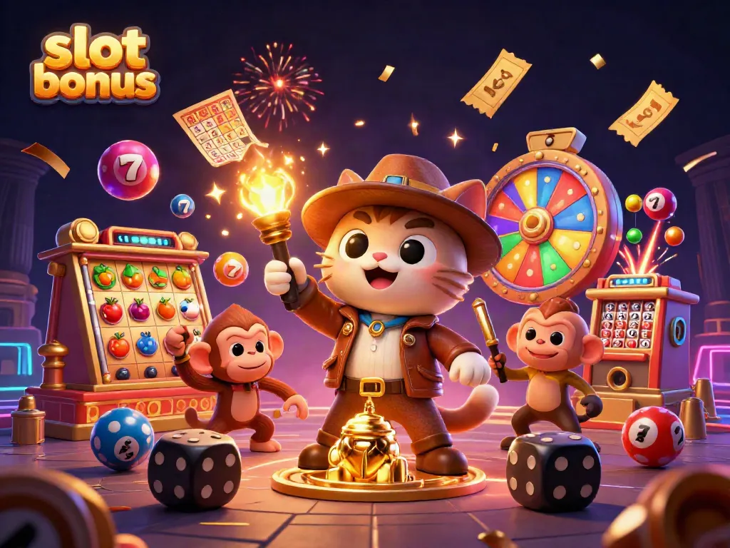 Experience the thrill of slot bonuses with a cartoon explorer cat discovering casino treasures!