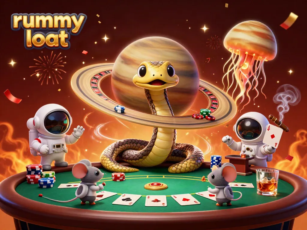Place bets on cosmic rummy loot with a vibrant illustration featuring card gameplay elements.