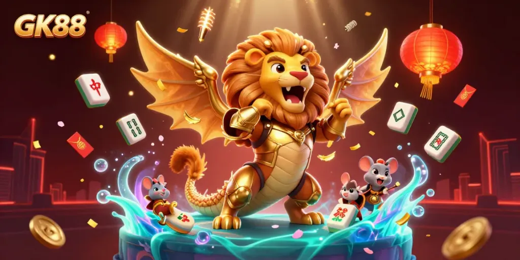 GK88 showcases an epic 3D scene with a roaring chimera, mouse jockey, and vibrant casino elements.