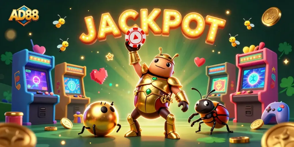 Engage with AD88's vibrant casino adventure featuring a heroic beetle and dynamic gaming elements.