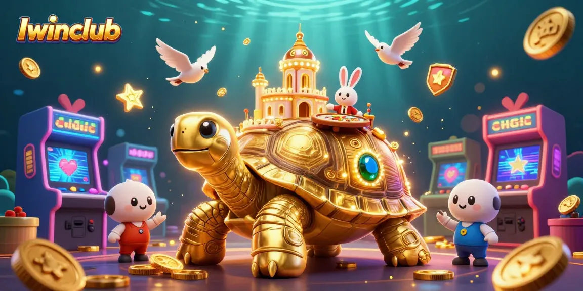 Iwinclub casino scene showcasing a tortoise with a palace, dealer, and golden coins.