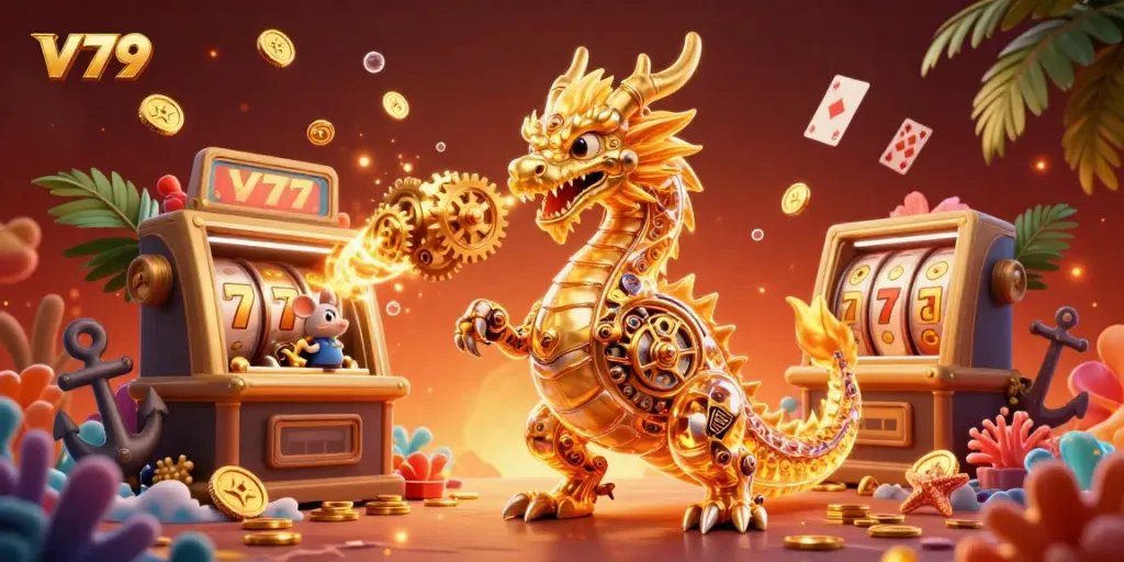 Experience thrilling slot action at V79 with a golden dragon, cascading coins, and vibrant gaming elements.
