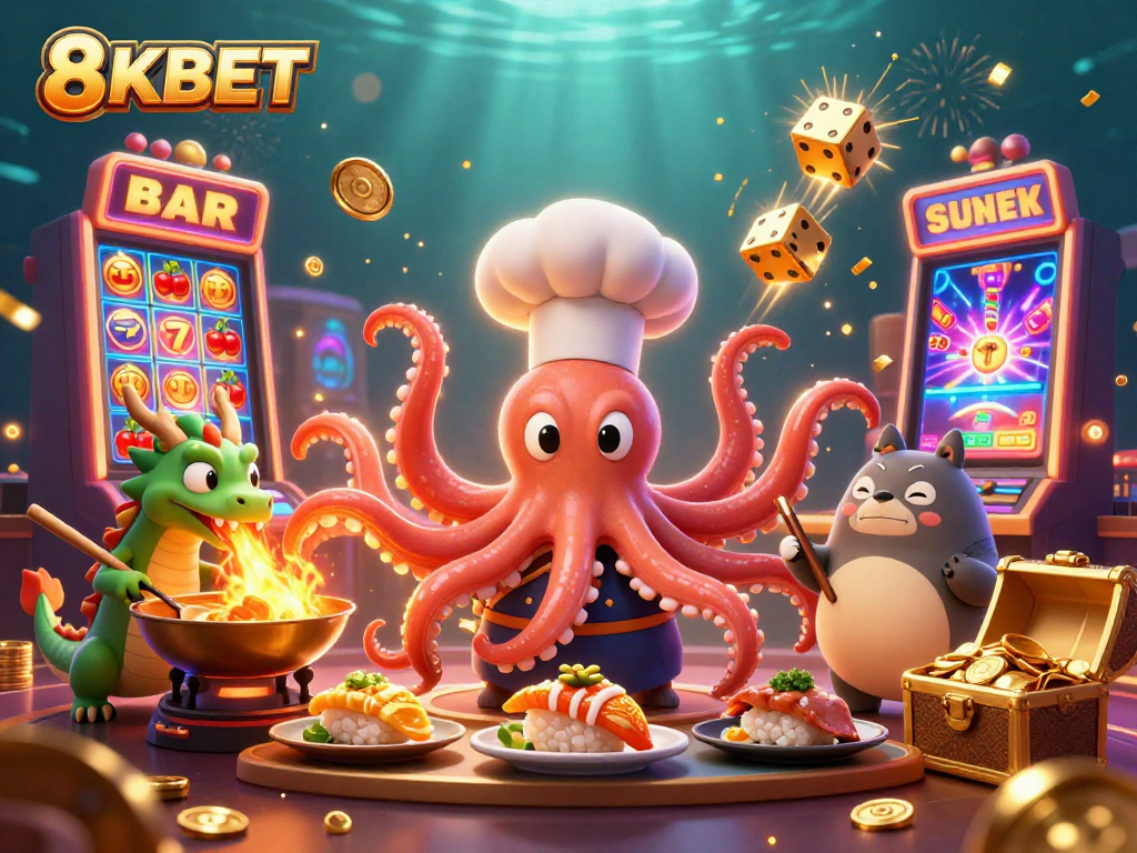 Join the fun at 8KBET casino with animated characters in a dynamic betting scene.