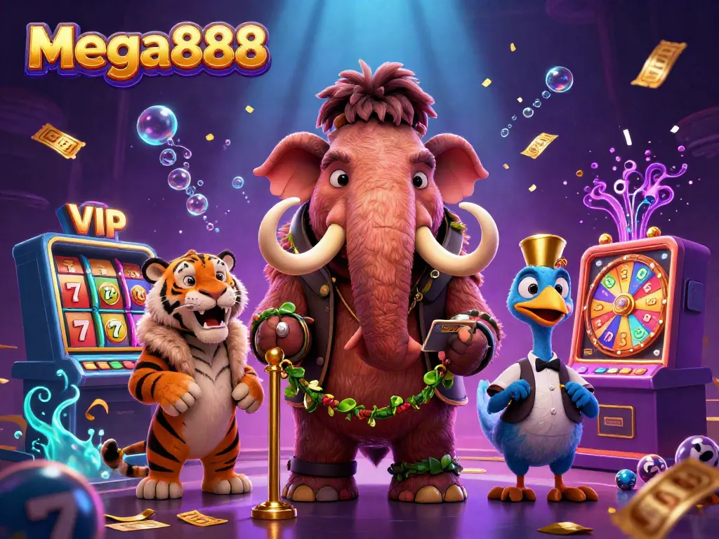Mega888 menawarkan pengalaman permainan kasino dengan bouncer mamoth dan tamu VIP, dikelilingi permainan slot.