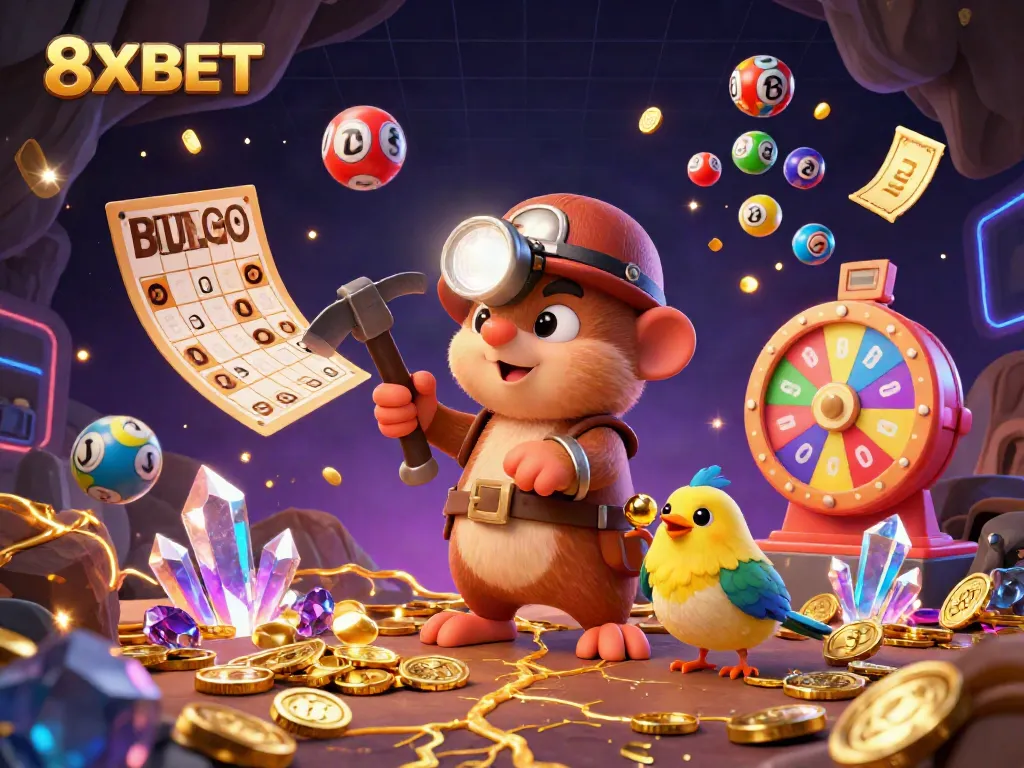 Experience the thrill of winning with 8XBET through a vibrant lottery scene featuring bouncing colorful balls and treasure elements.