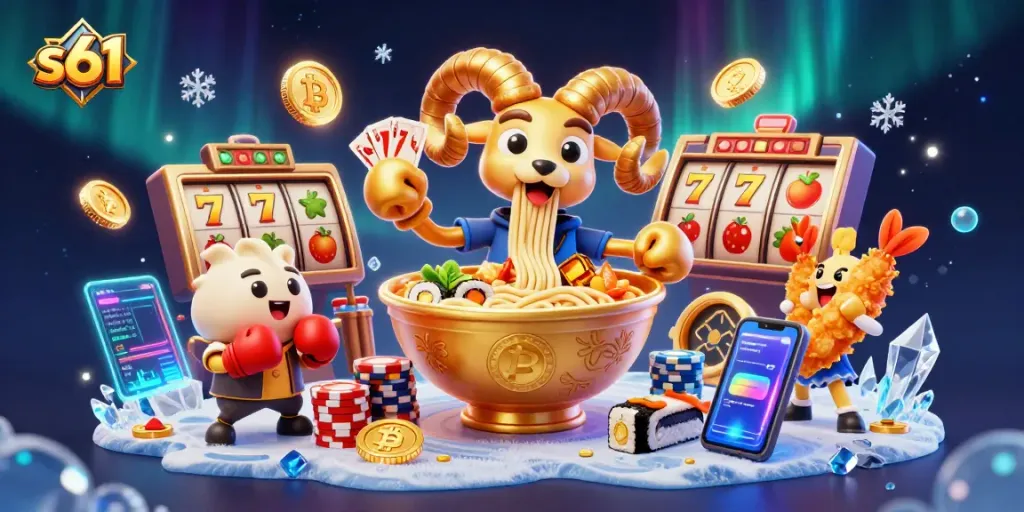 Engage with s61's dynamic gaming scene featuring vibrant slot action and unique characters.