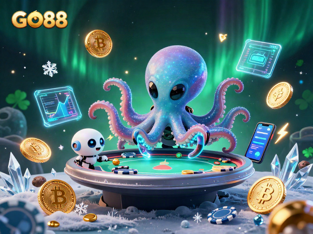 Experience thrilling gameplay at GO88 with an alien octopus playing poker in a vibrant galaxy.