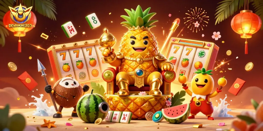 DEWAHOKI303 mainkan slot online dengan simbol keberuntungan dan raja nanas.