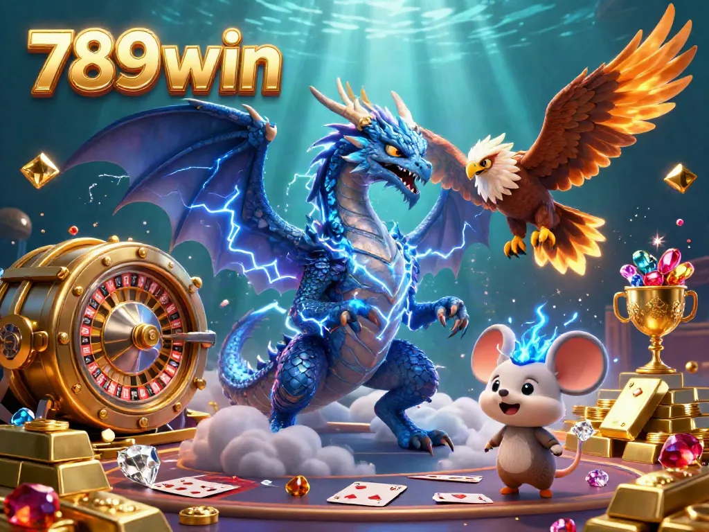 Experience explosive wins with 789win in this hyper-detailed 3D casino illustration featuring a thunder dragon and exciting game elements.