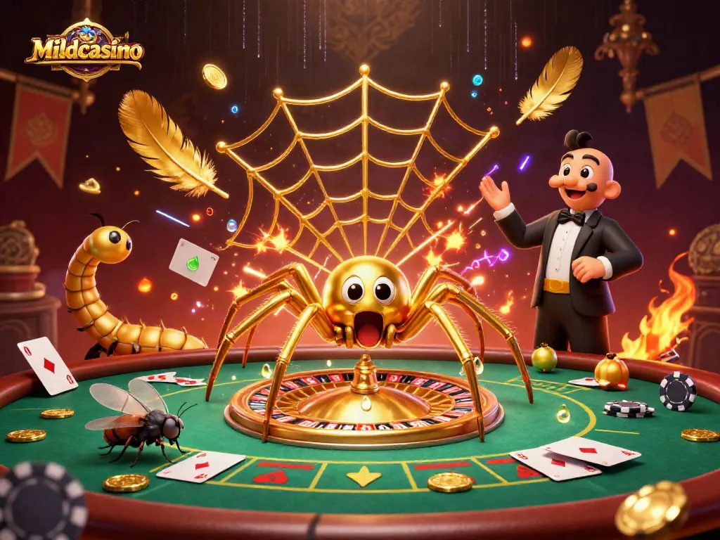 Mildcasino gamers engage in betting with a fly at a roulette wheel web, creating exciting casino action.