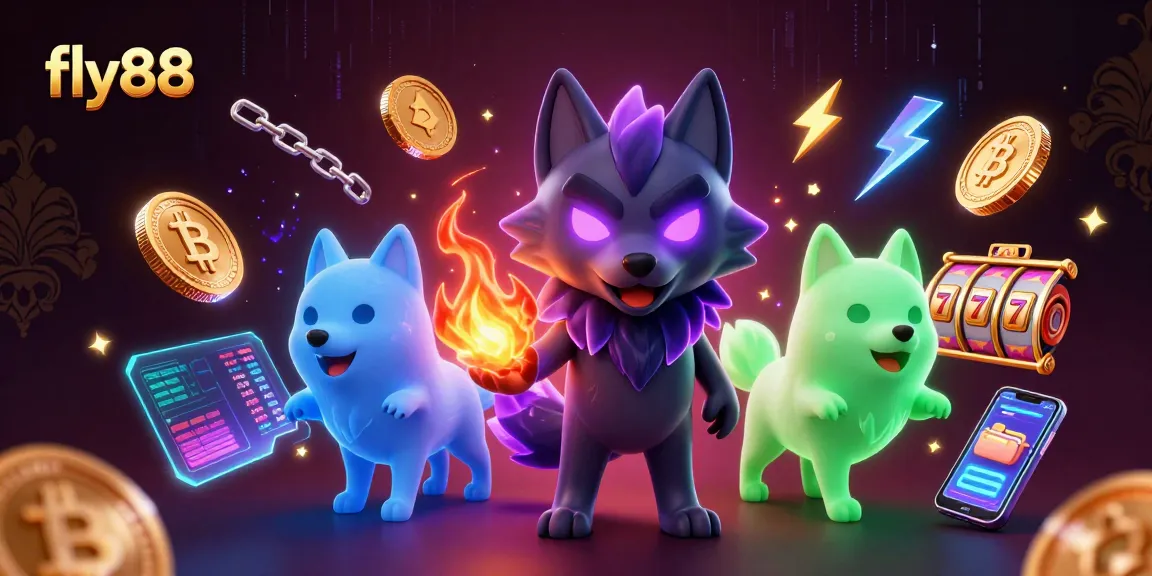 Experience the excitement of fly88 gaming with a dynamic scene of animated wolves and cryptocurrency elements.