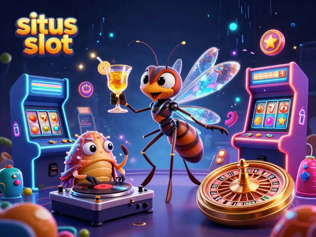 Ilustrasi 3D situs slot menampilkan karakter kasino dengan elemen permainan slot, menghadirkan pengalaman bermain yang seru.