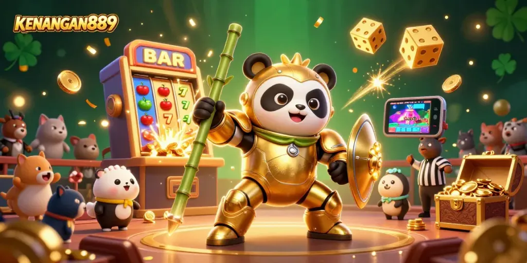 KENANGAN889 showcases an epic scene with a mech-suit panda amidst thrilling casino gaming elements.