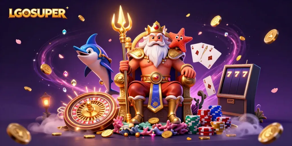 Experience exhilarating gaming action at LGOSUPER with Neptune and his samurai amidst vibrant casino elements.
