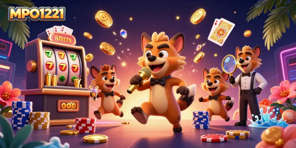 Hyenas showcase comedic casino adventure at MPO1221 with golden coins, slot machines, and festive atmosphere.