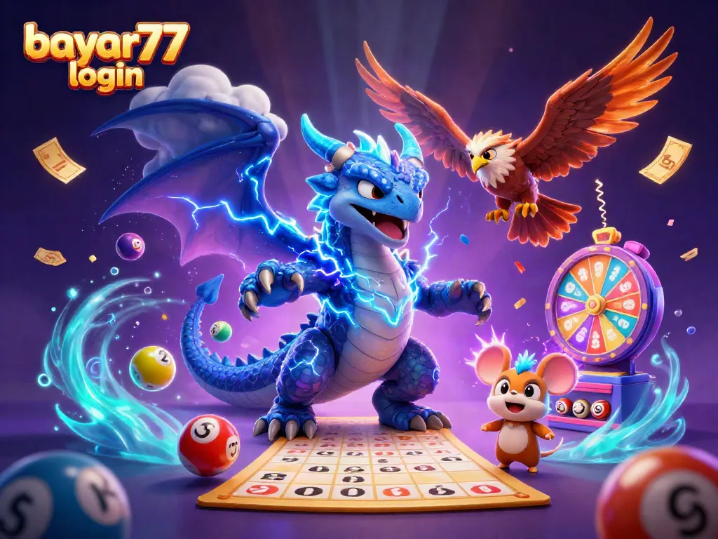 Engage with thrilling games at Bayar77 login featuring an electrifying dragon and vibrant casino elements.