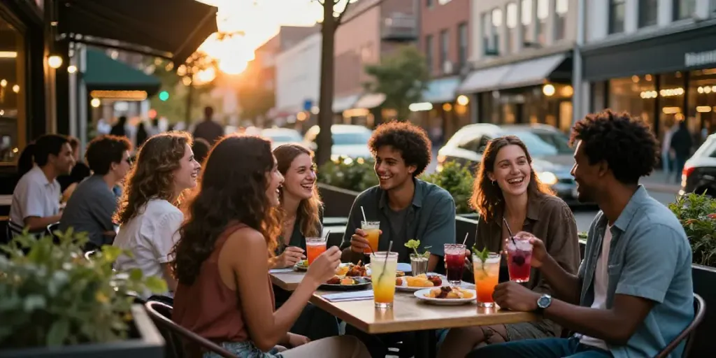 Friends enjoying drinks at an outdoor café, showcasing loket88 lifestyle in urban fashion.