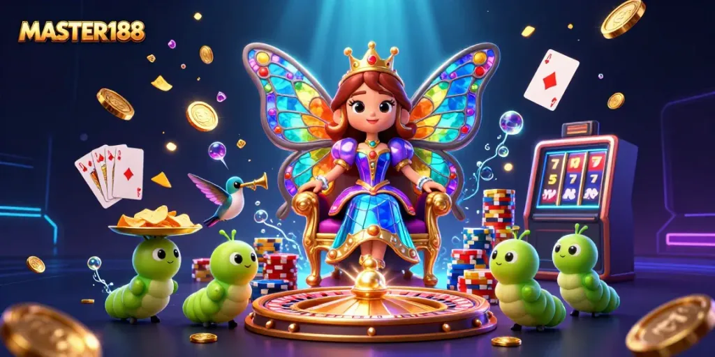 Win big with MASTER188 in this vibrant casino scene showcasing a butterfly queen and gaming elements.