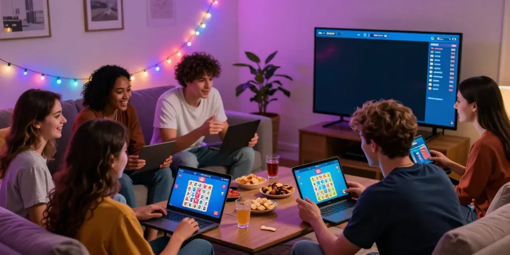 Excited friends playing bingo 101 app together in a cozy living room setting