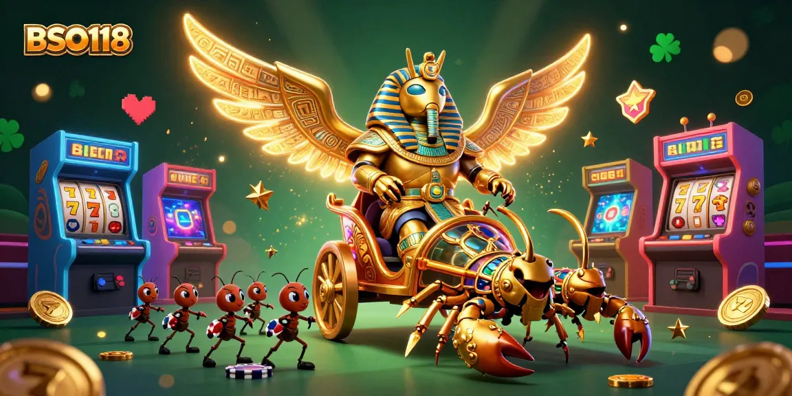 Experience epic wins with BSO118 in a vibrant casino scene featuring a golden scarab chariot.