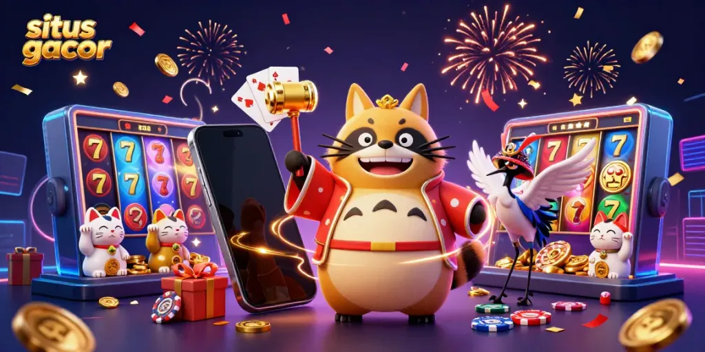Situs gacor menampilkan tanuki ceria dalam festival Jepang, dikelilingi elemen permainan slot menghibur.
