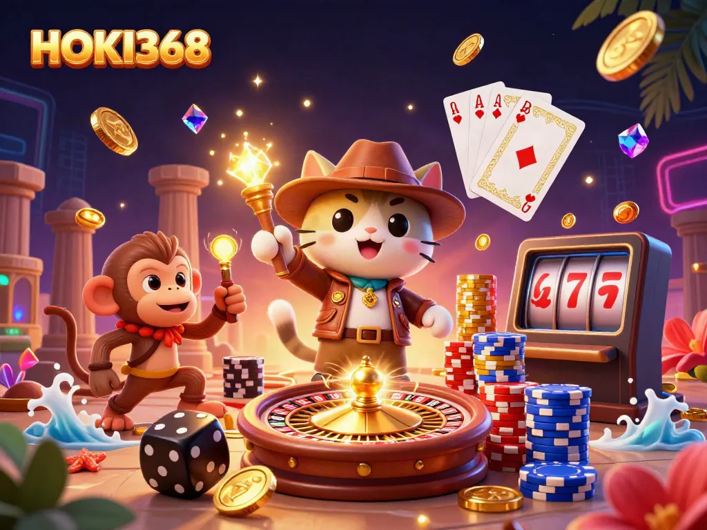 Experience HOKI368 where the adventurous cat unearths treasures amidst vibrant casino elements.