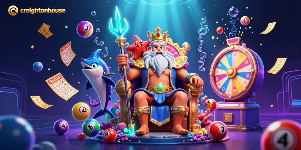 Engage in thrilling lottery games at Creightonhouse with colorful balls and dynamic prize elements swirling around.