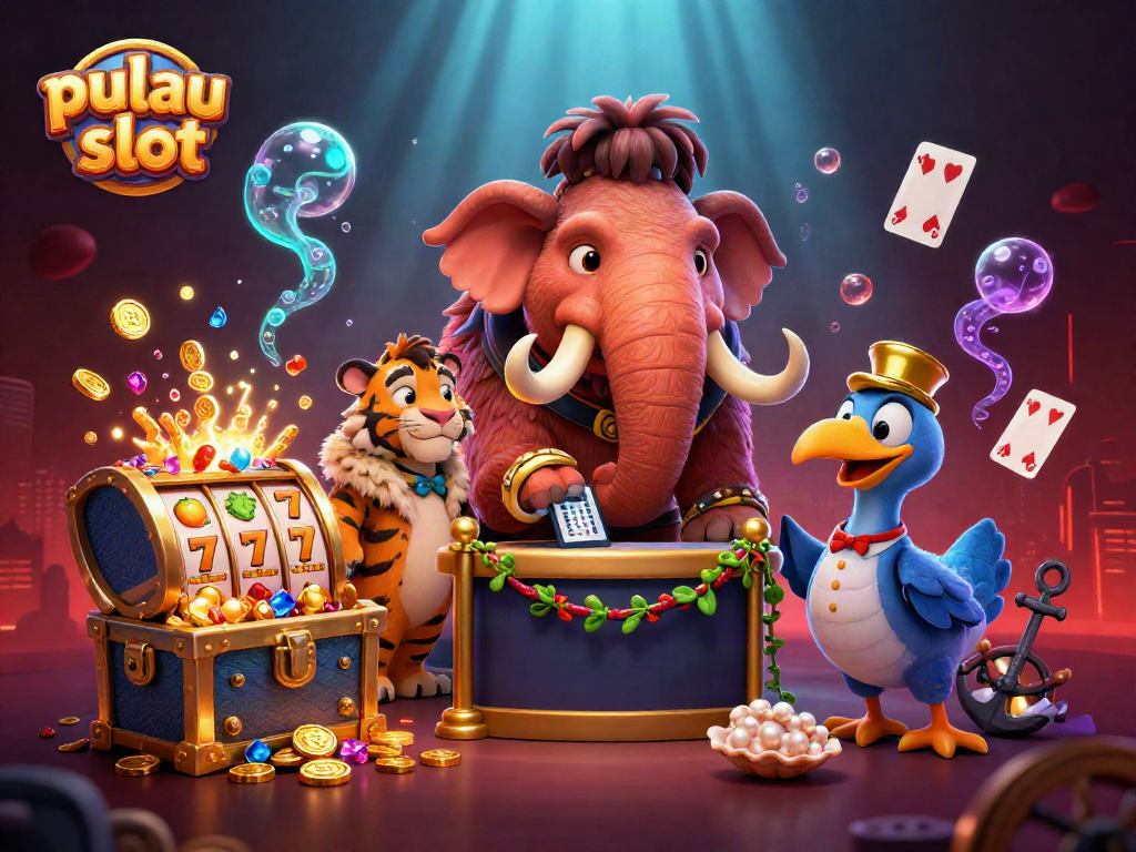 Engaging illustration of pulau slot characters celebrating winning combinations in a dynamic casino scene
