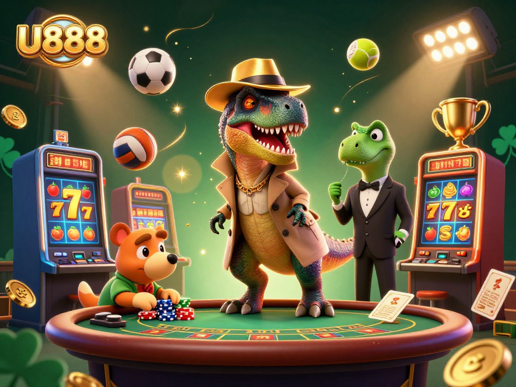 Betting strategies at U888: A lively casino scene featuring a velociraptor counter, stegosaurus pit boss, and vibrant gaming elements.