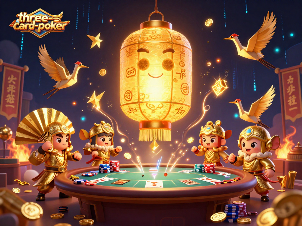 Engage with three-card-poker in a vibrant night market casino scene full of animated spirits and warriors.