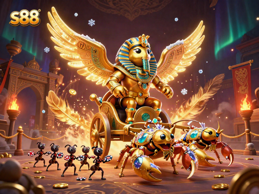 s88 showcases a vibrant scene with golden scarabs and scorpions in a dynamic casino setting, capturing excitement.