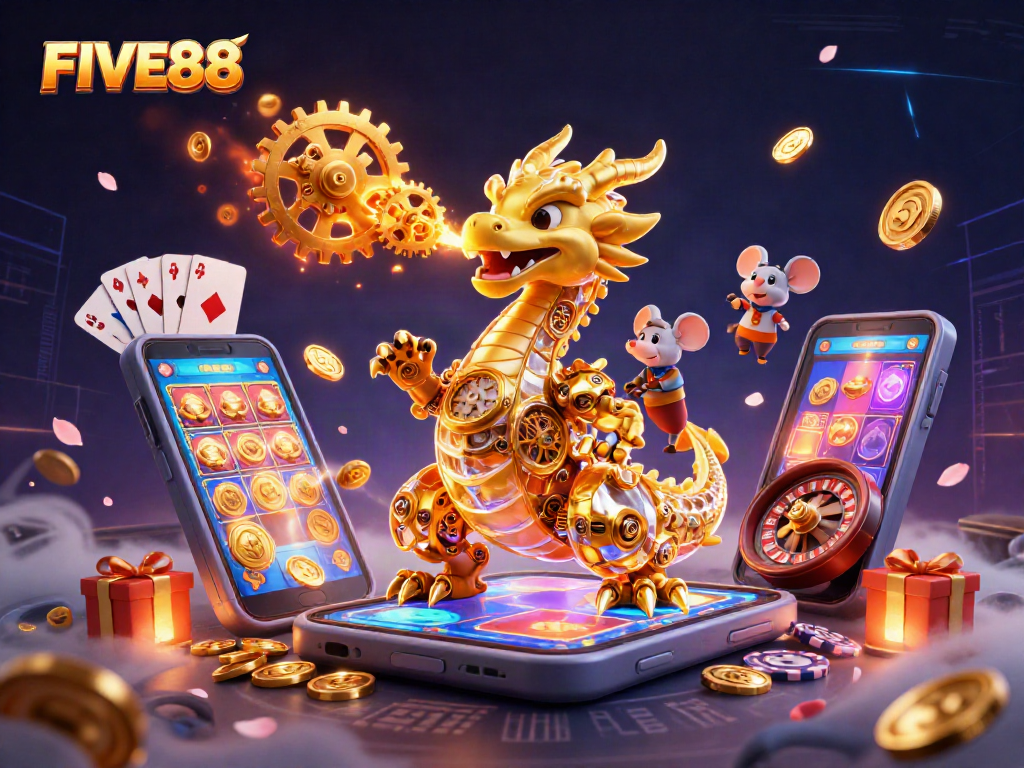 Engage with the thrilling adventures of FIVE88 casino through a mesmerizing golden dragon illustration.