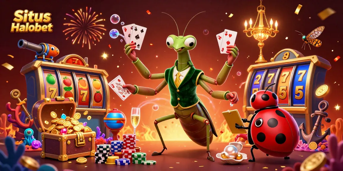Situs Halobet brings excitement to casino games with vibrant characters, slot machines, and festive atmosphere.