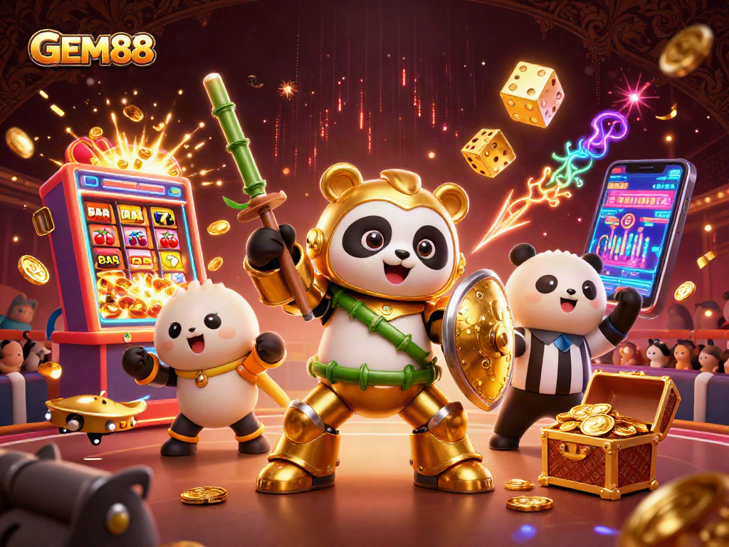 Join the GEM88 adventure with vibrant casino action in a dynamic 3D illustration.