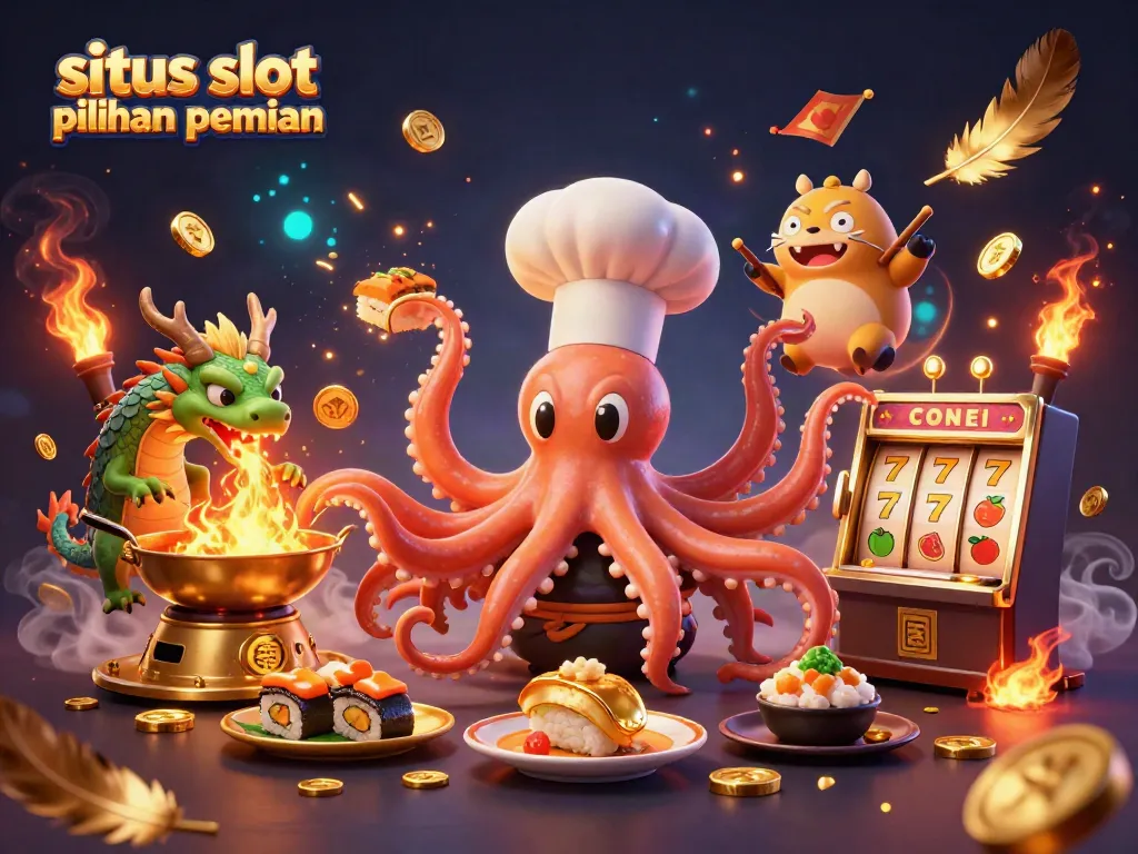 Ilustrasi 3D yang mendetail menampilkan situs slot pilihan pemain dengan karakter unik memasak hidangan jackpot.