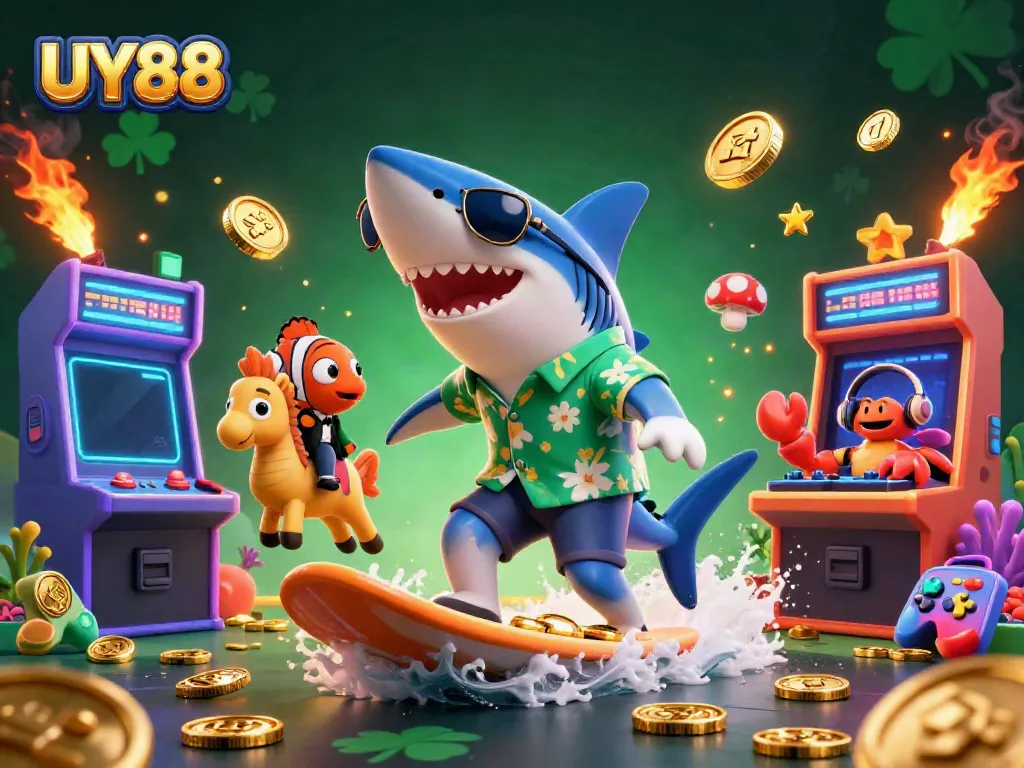 Experience the excitement at UY88 with a vibrant underwater casino scene featuring entertaining characters.